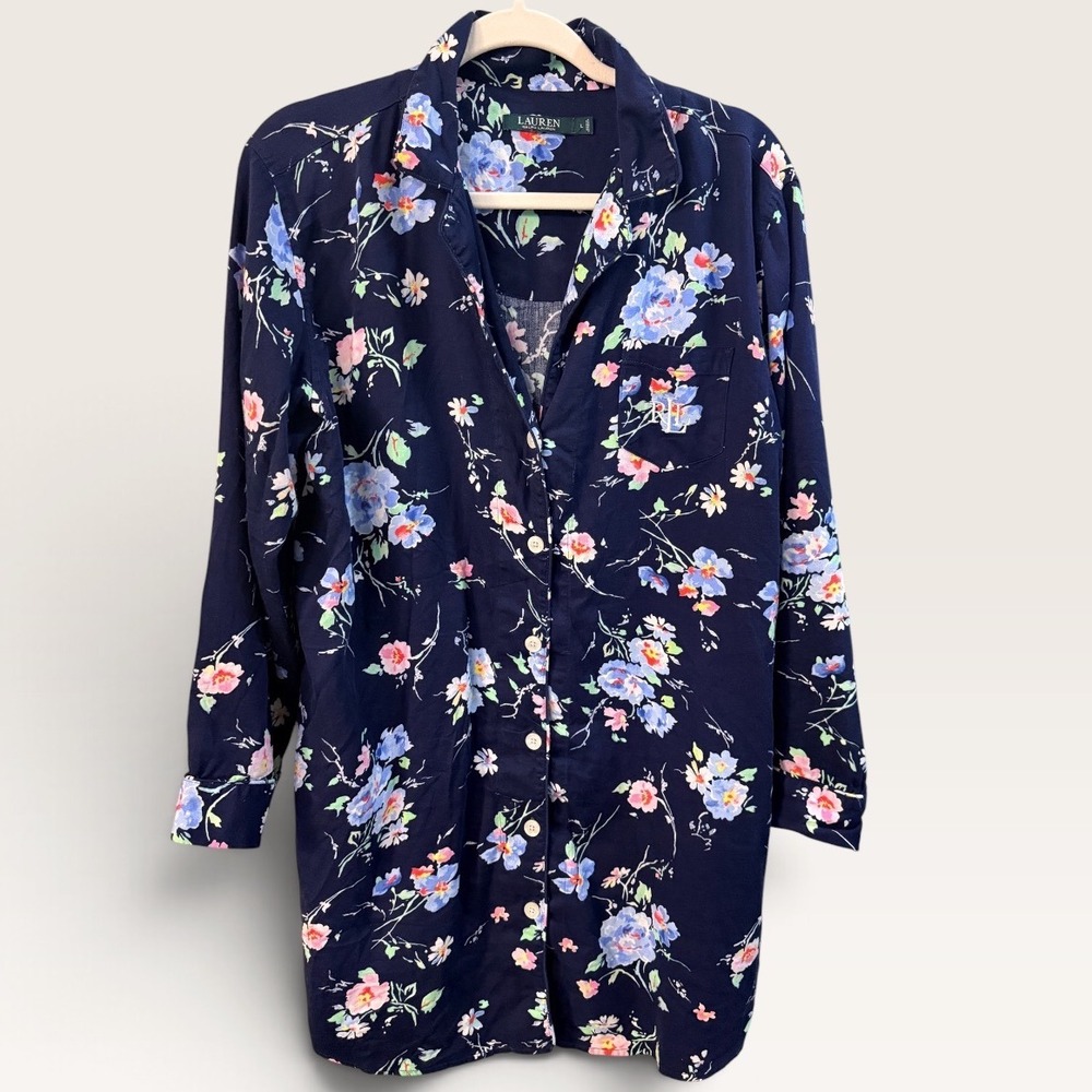 Lauren Ralph Lauren Floral Sleep Shirt Navy Blue Long Sleeve Nightgown Large